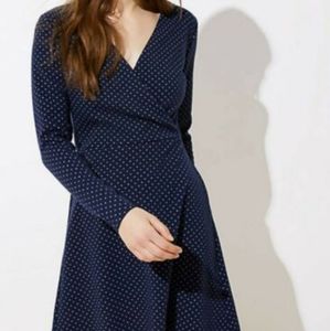 LOFT Navy Geo Dot Jacquard V-neck Long Sleeve Knit Wrap Dress